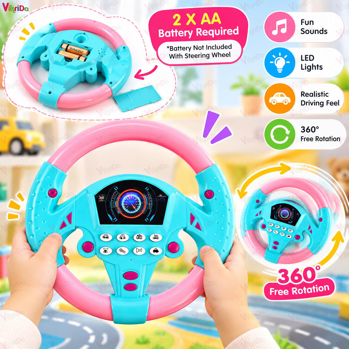 VikriDa Pink Interactive Steering Wheel Adventure Toy