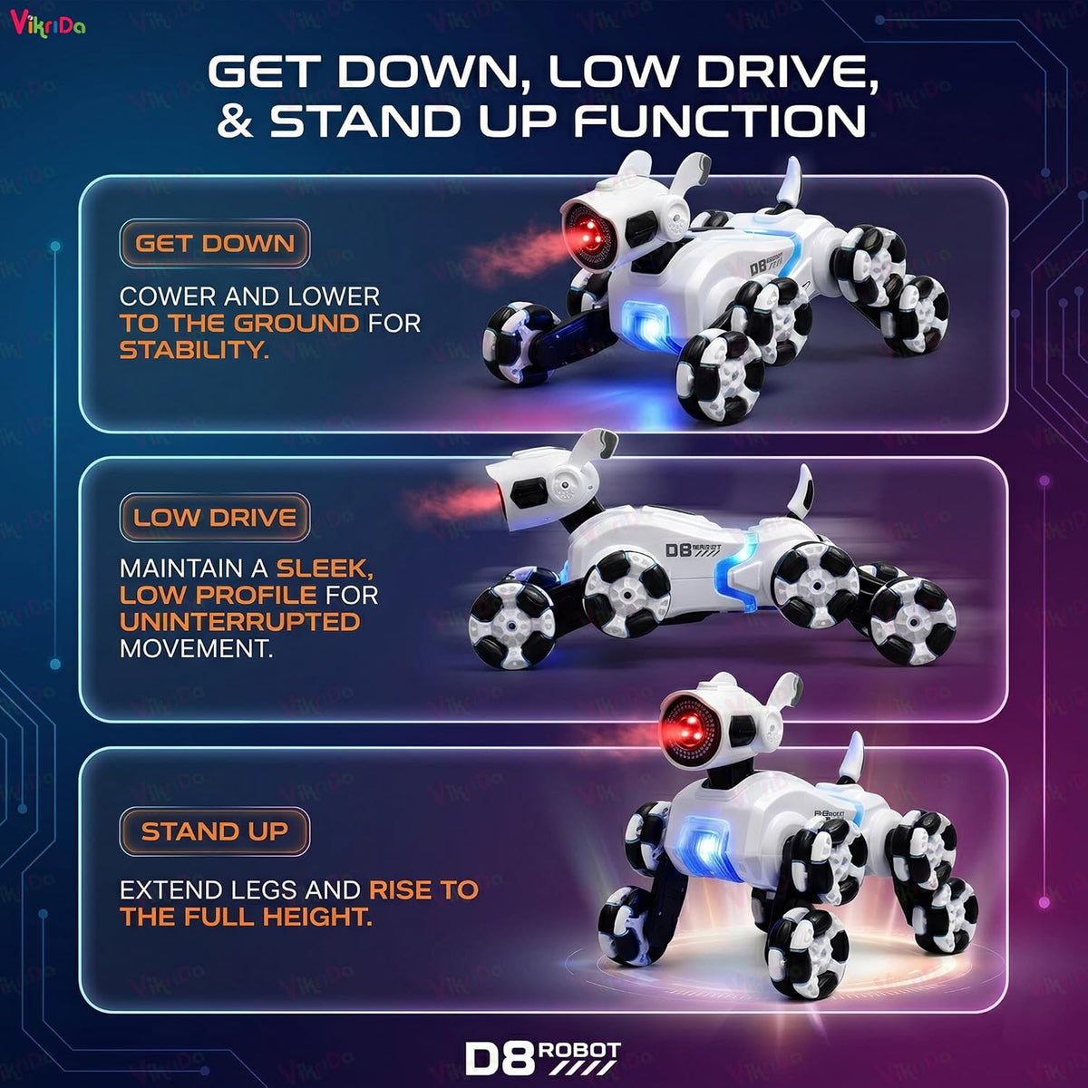 VikriDa Smoke Effect Eight-Wheel Robot Dog for Kids