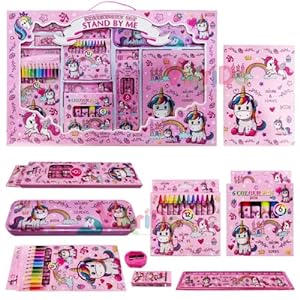 VikriDA Stationary Kit for Girls, 41Pcs Stationary Items for Girls Pencil Box, Colors, Eraser and Sharpener (Pink)