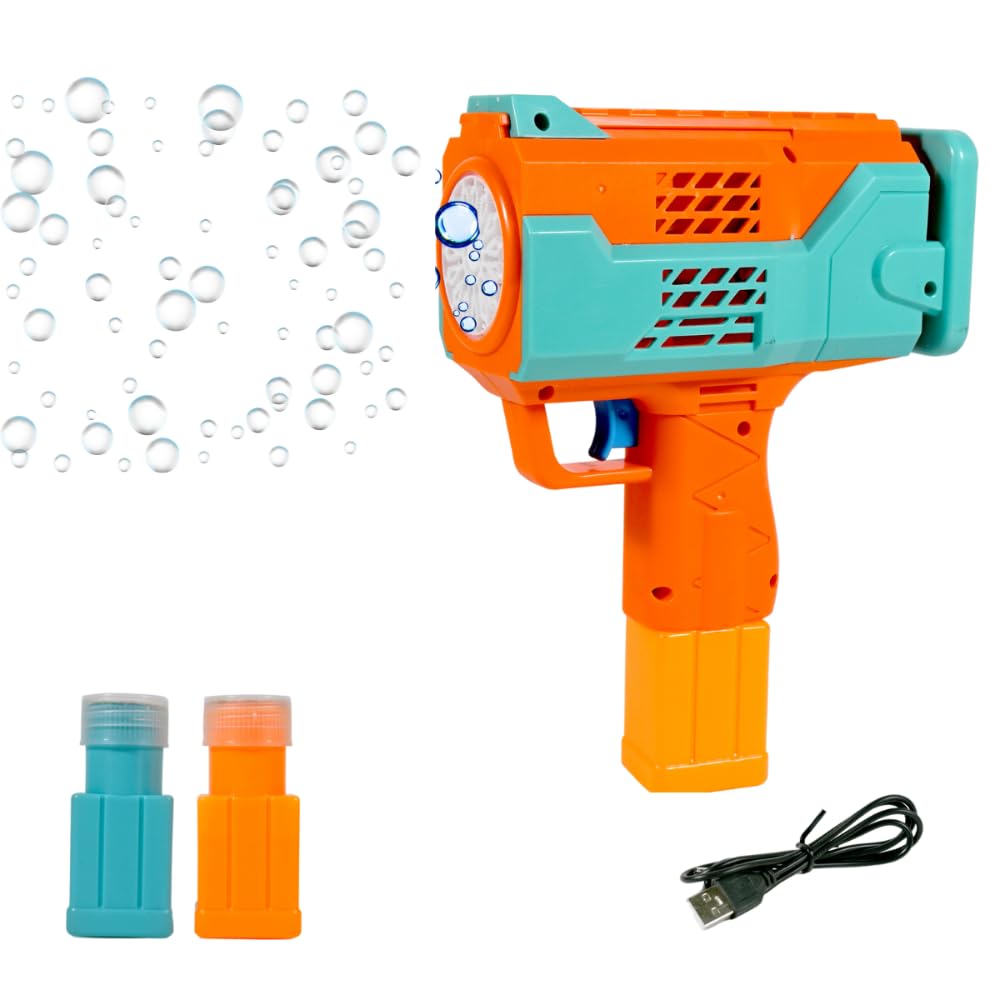 VikriDA Rechargeable Bubble Machine for Kids - Automatic Bubble Gun, Leak-Proof Design with 2 Bubble Solution, Toddler Outdoor Toys, Gift for Kids, Boys Age 3 4 5 6 7 8 Years Old