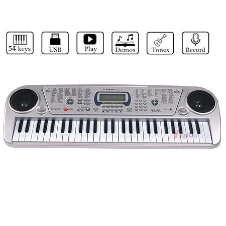 Vikrida 54 Key Electronic Musical Piano Keyboard with LCD Display, Adaptor, Microphone includes 1Pc, Silver