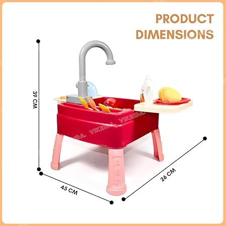 Vikrida Plastic Play Sink with Running Water, Kids Play Kitchen Toy Sink Electronic Dishwasher, Working Faucet Vegetable Fruits and Dishes Playset - Multicolor