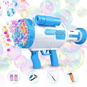VikriDA Bazooka Bubble Gun - Upgraded 100 Holes Bubble Machine Gun, Rocket Bubble Gun with Light & Bubble Solutions, Bubble Blaster Maker for Kids, Wedding, Birthday Gift, Party Favors - Blue