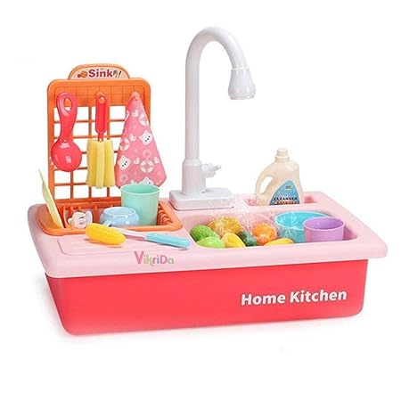 Vikrida Play Sink with Running Water, Sink Electronic Dishwasher, Pretend Role Play Kitchen Toys Set with Upgraded Working Faucet and Dishes Playset for Girls - Multicolor