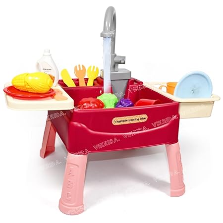 Vikrida Plastic Play Sink with Running Water, Kids Play Kitchen Toy Sink Electronic Dishwasher, Working Faucet Vegetable Fruits and Dishes Playset - Multicolor