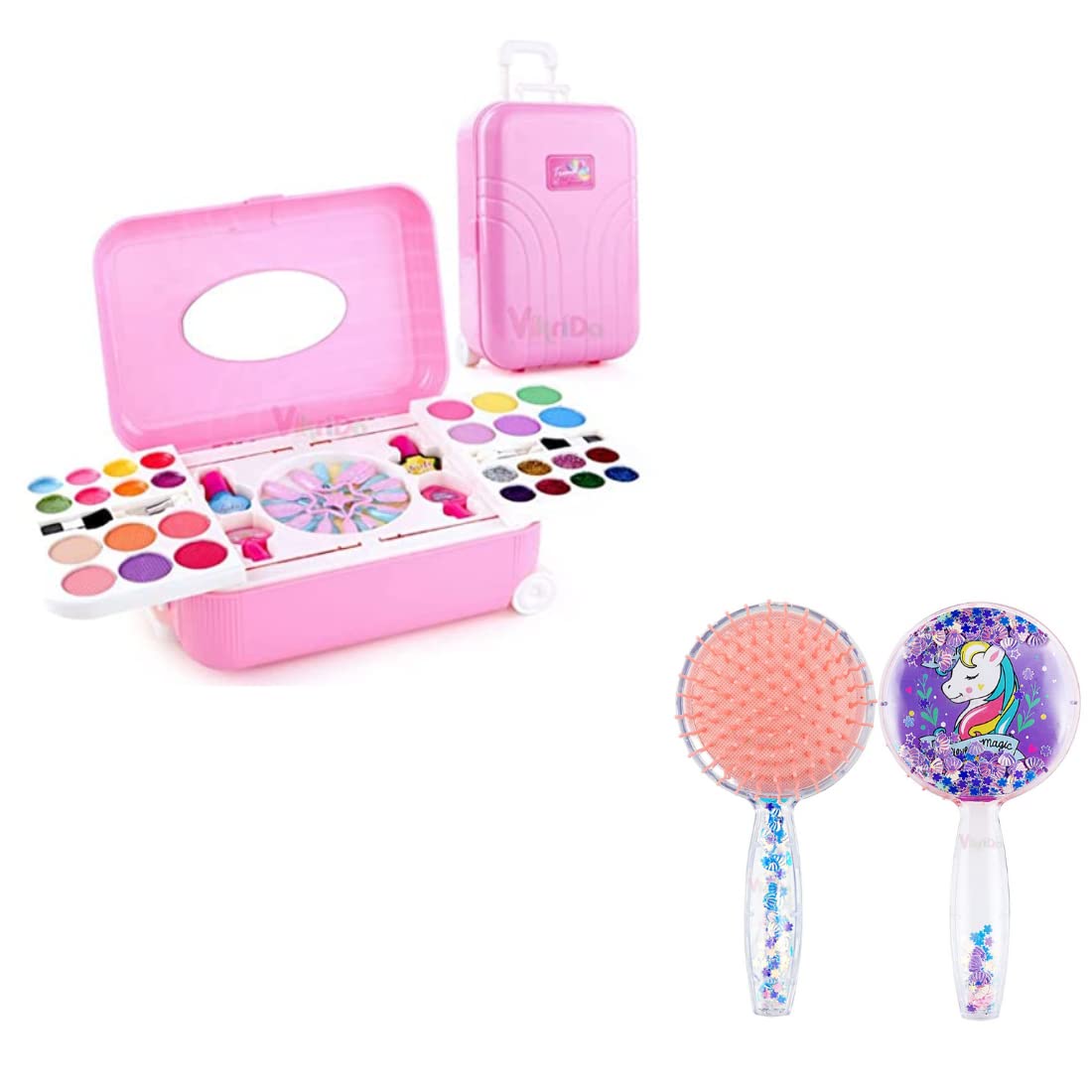 VikriDA Combo Set Of 1Pc Hair Comb Brush With 2 In 1 Cosmetic Makeup Palette And Nail Art Kit For Kids