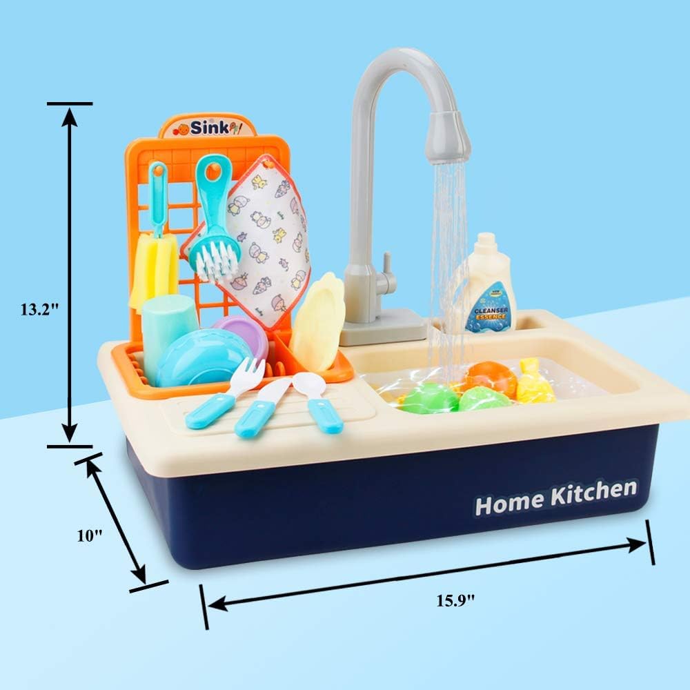 VikriDa Play Sink with Running Water, Kids Play Kitchen Toy Sink Electric Dishwasher