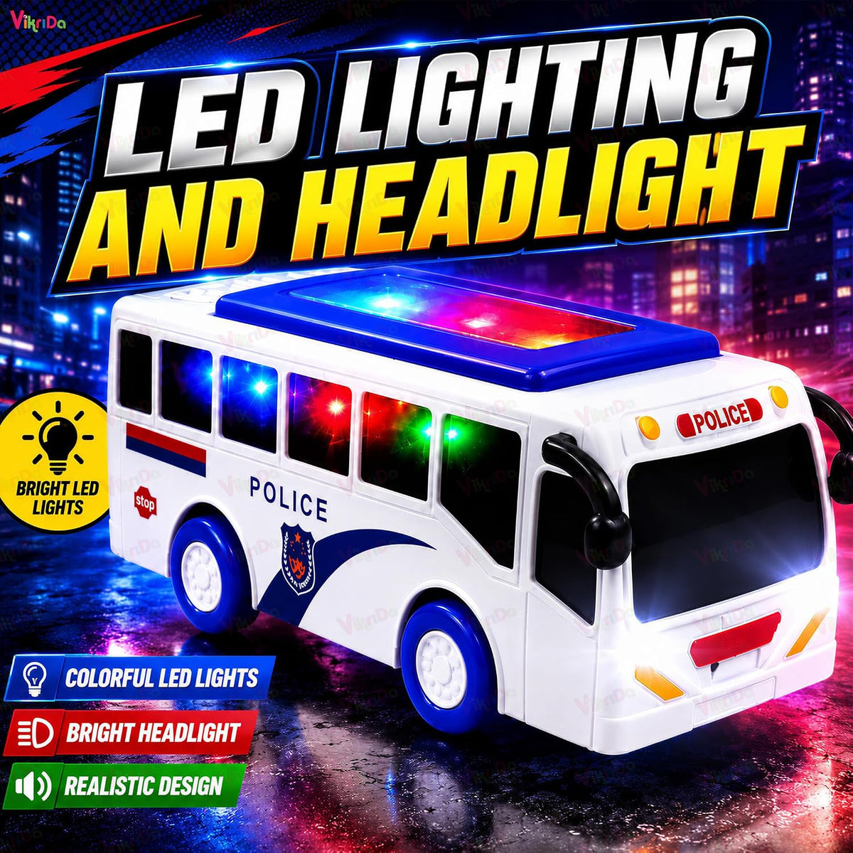 VikriDa Friction Powered Police Bus Toy