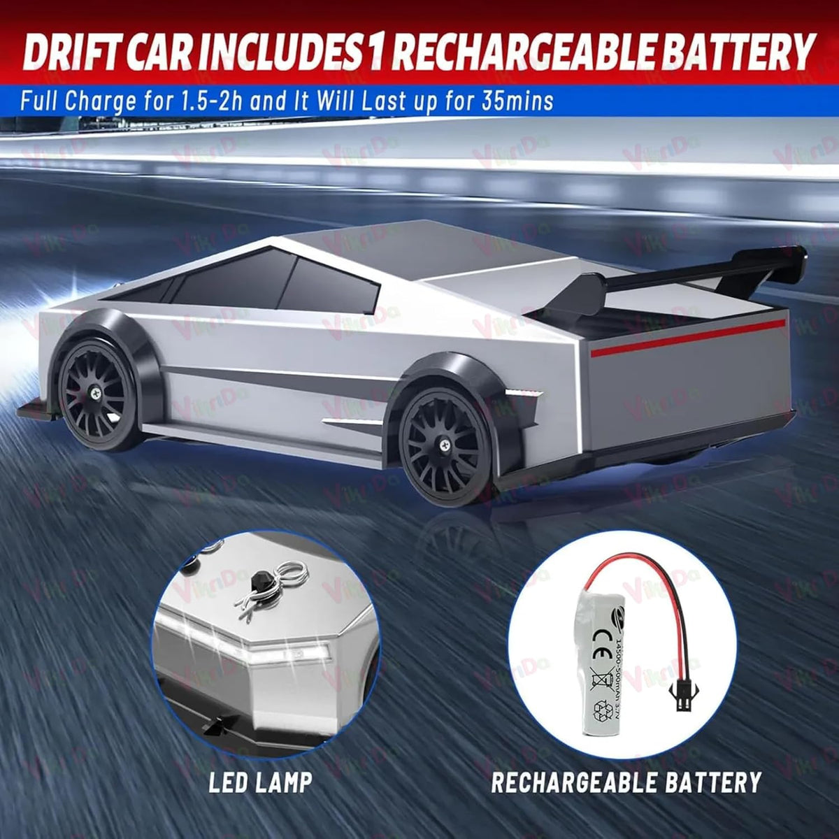 VikriDa RC Silver Tesla Pick-Up Drift Car for Kids