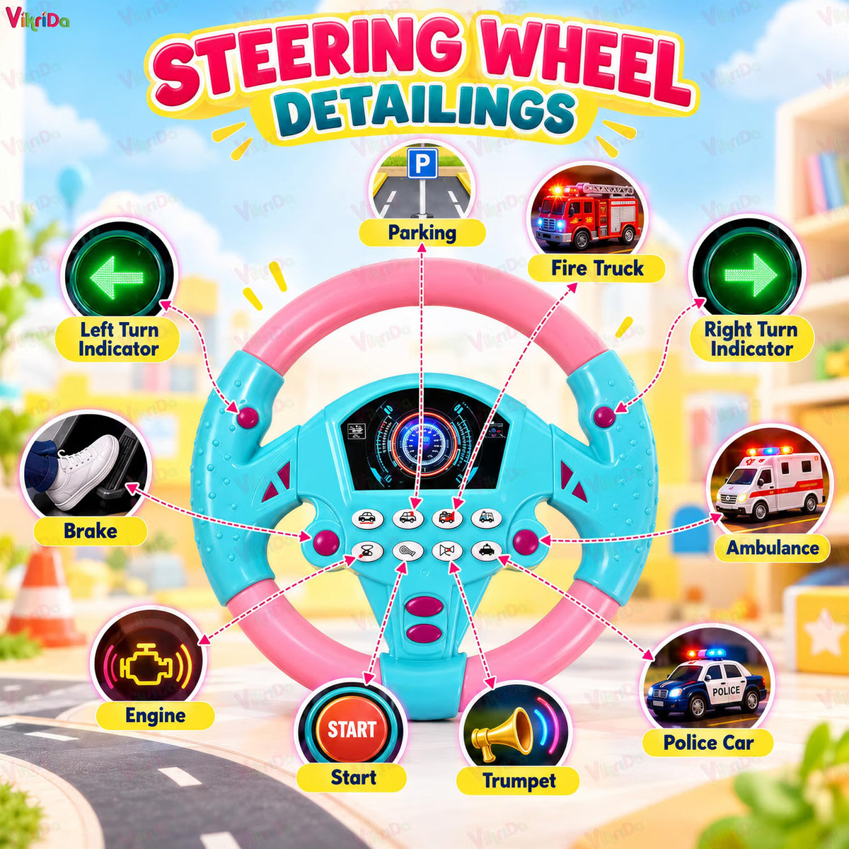 VikriDa Pink Interactive Steering Wheel Adventure Toy