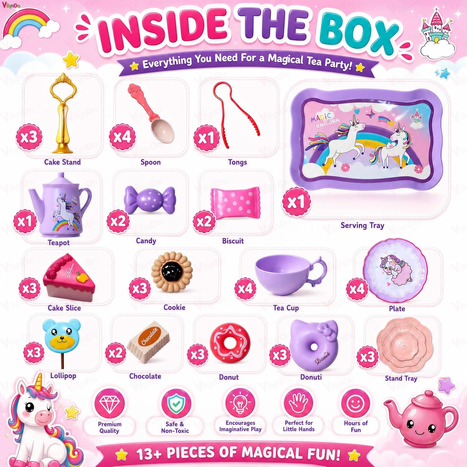 Vikrida 48-Piece Unicorn Kids Pretend Tea Party Set