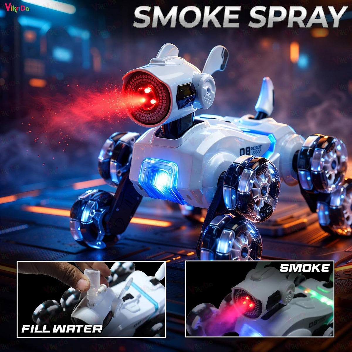 VikriDa Smoke Effect Eight-Wheel Robot Dog for Kids