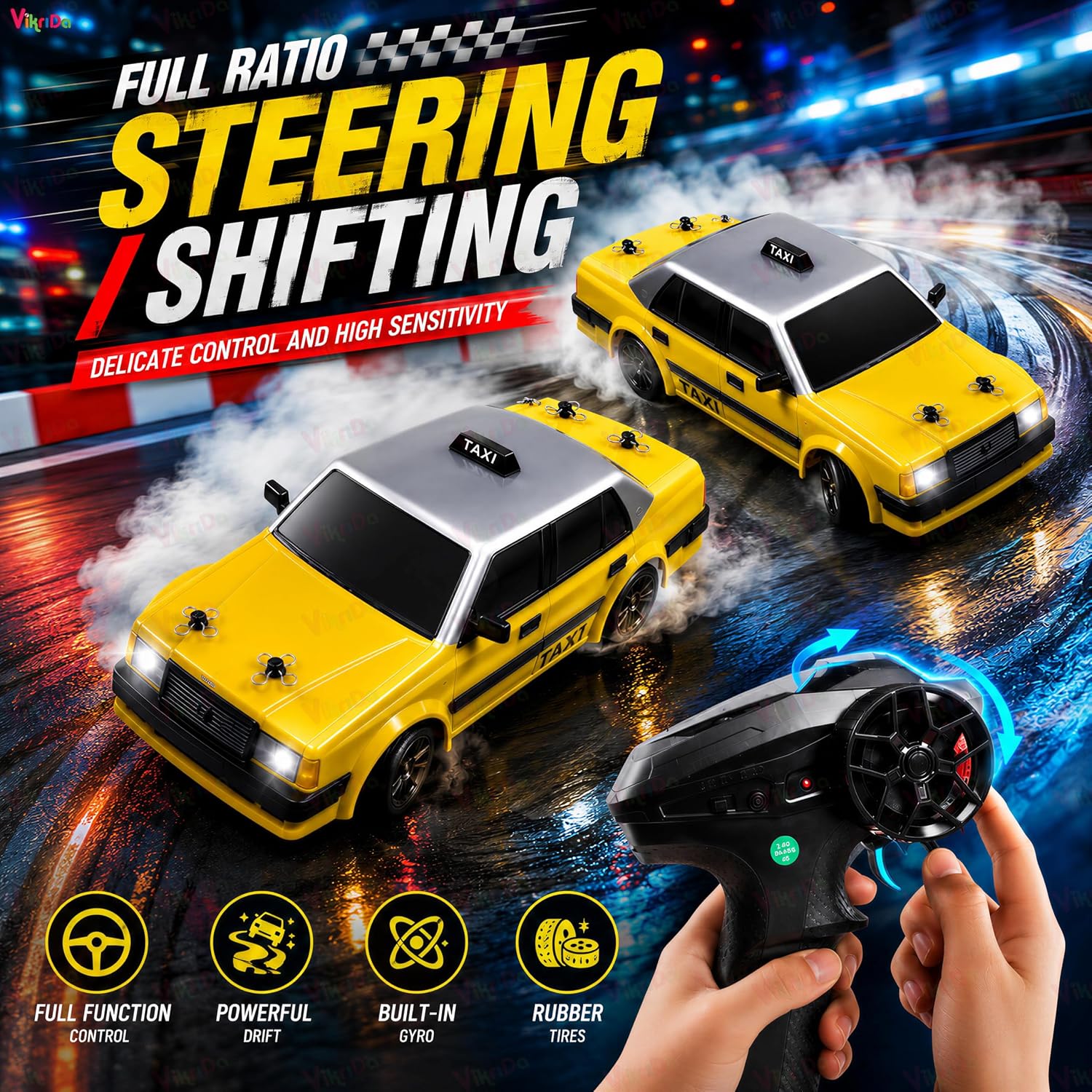 VikriDA RC Taxi Drift Car – 1:24 Scale 4WD