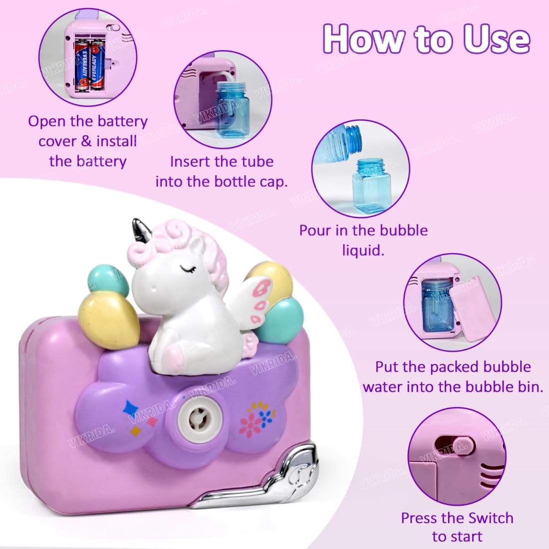 Vikrida Camera Bubble Machine for Kids - Camera Shaped Bubble Toy with Neck Strap and 1 bottle Solution - Small Bubble Machine for Kids with Sounds, Music, and Lights for Extra Fun for Kids - Unicorn