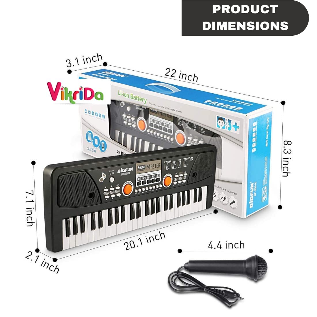 Vikrida 49 Key Piano Keyboard with Recording and Mic with Musical Guitar for Kids (49 keys and 16 tones, 8 rhythms, 6 Demos, 5 Percussions) Black