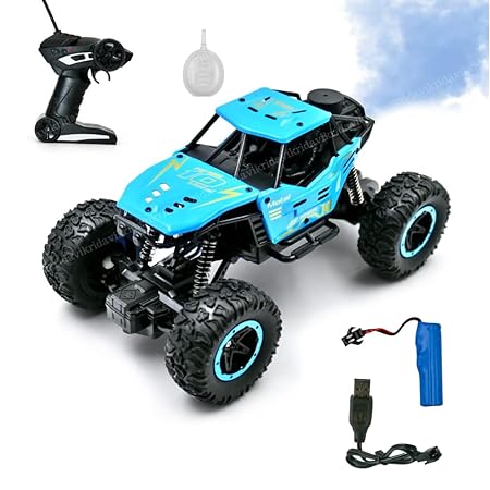 VikriDA Remote Control car with Mist Smoke Spray Function 1:18 Rock Crawler 2 WD High Speed Rechargeable Off-Road Monster Truck 45° Angle Climbing Car Toy for Kids - Blue Color