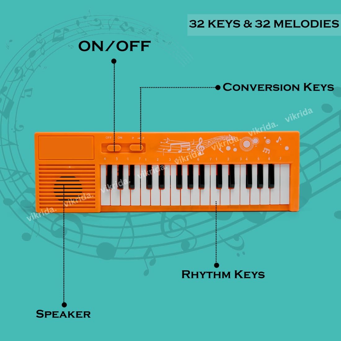 VikriDA Multi-Function Portable Electronic 32 Keys & 32 Melody Sound Keyboard Piano Musical Toys for Babies and Kids | Small Size | Orange Colour