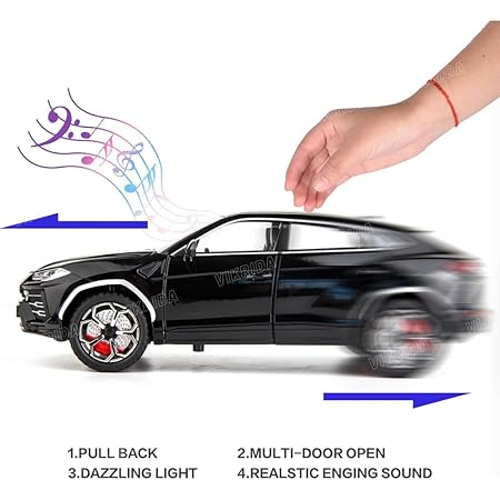 VikriDA Big Size 1:24 Scale Diecast Model Car - Lambo Urus with Smoke,Sound and Light Effects - Pullback Vehicle Toy Collection for Kids, Black