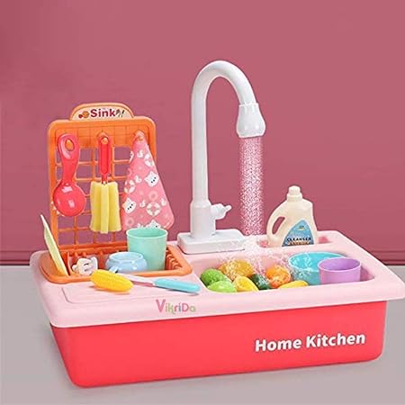Vikrida Play Sink with Running Water, Sink Electronic Dishwasher, Pretend Role Play Kitchen Toys Set with Upgraded Working Faucet and Dishes Playset for Girls - Multicolor