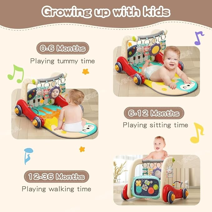VikriDA 2 in 1 Musical Baby Activity Walker with Convertible Play Gym - Push Walker with Play Piano, Lights, Rattles & Tummy Time Mat for Babies & Toddlers