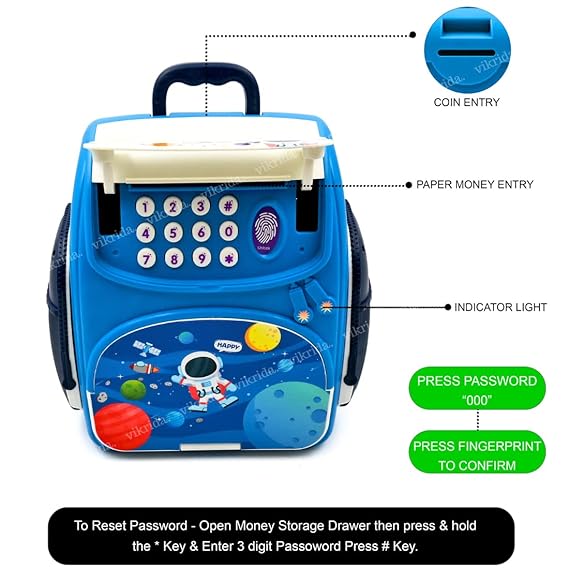 VikriDA Mini Atm Modern Piggy Bank, Money Saving Bank For Real Money Cash Coin|School Bag Musical Money Safe Kids Piggy Savings Bank With Finger Print Sensor-Blue