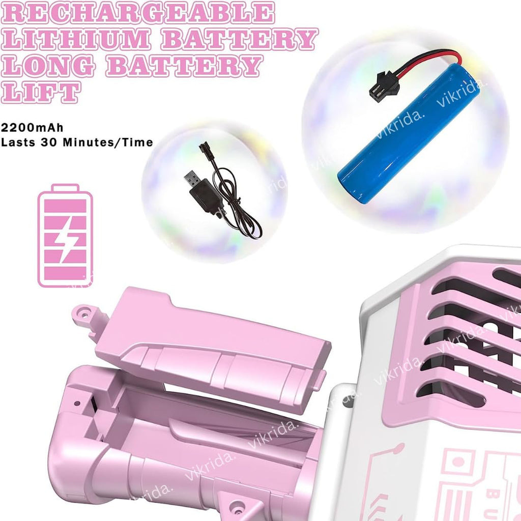 Vikrida 69 Hole Automatic Bazooka Bubble Gun for Kids with Colorful Lights & Colourful Bubble - Pink