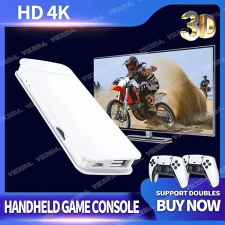 VikriDA Plug & Play Video TV Game 4K Ultra HD Game Stick with 15000+ Games Built-in, 9 Emulators Toy for Kids, 64G, Wireless Retro Game Console, White