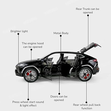 VikriDA Big Size 1:24 Scale Diecast Model Car - Lambo Urus with Smoke,Sound and Light Effects - Pullback Vehicle Toy Collection for Kids, Black