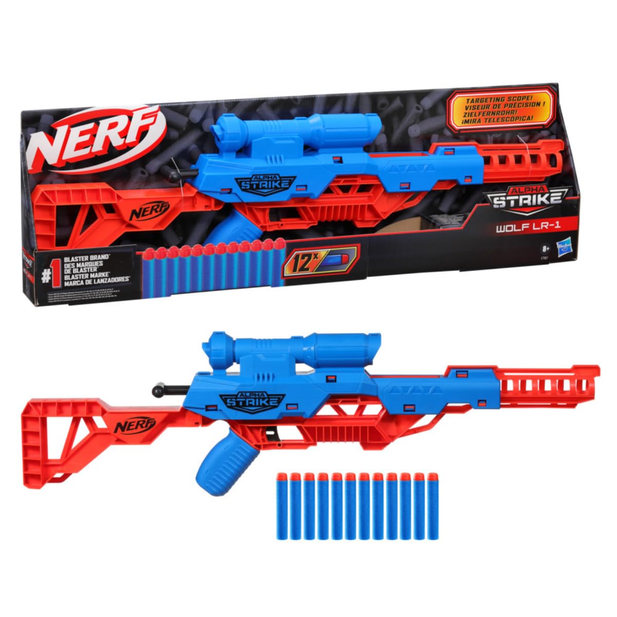 Nerf Alpha Strike Wolf LR-1 Blaster with Targeting Scope, 12 Nerf Darts, Toys for Kids