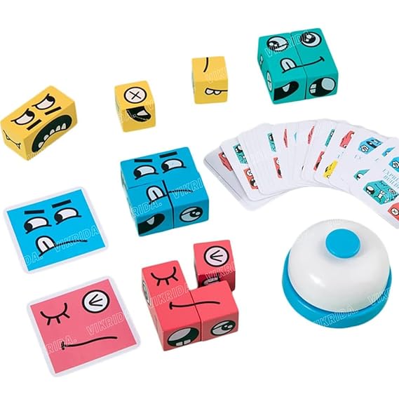 VikriDA Emoji Cube face Game with Bell for Kids | Expressions Matching Block Puzzle Toy Toddler Toy | Cute Face Changing Cube with 16 Cube Parent-Child Board Games | Preschool