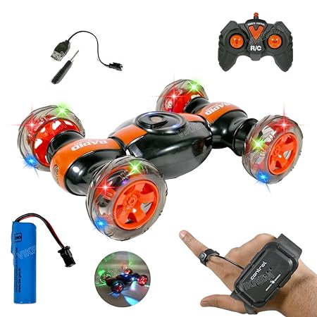 VikriDA 4WD 2.4GHz Remote Control Gesture Sensor Toy, Double Sided Rotation, Off Road Vehicle with Lights for Kids - Orange Color