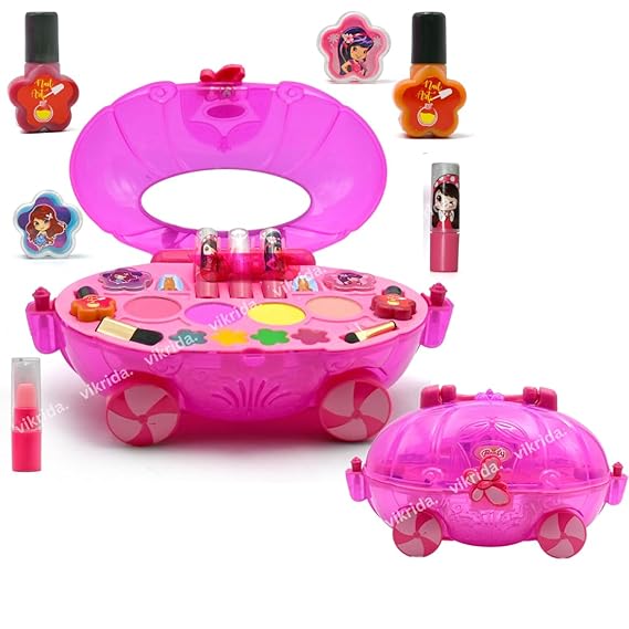 Vikrida Car Shape Cosmetics Makeup Kit | Pretend Play Toy Washable Non Toxic Deluxe Plastic Real Make up Set for Kids - Pink Color