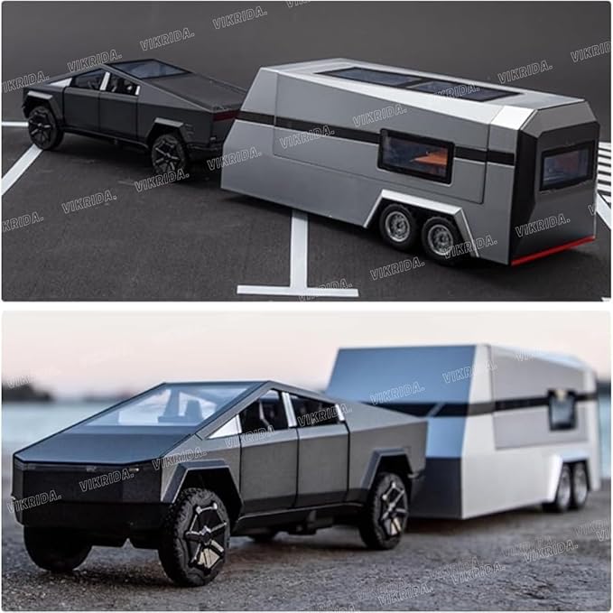 VikriDA 1/32 Pickup Trailer RV Model Kit, Off-Road Vehicle Alloy,Car Model Diecast Metal Toy,Truck Model Simulation Sound Light,Gifts for boy Girl (Black)