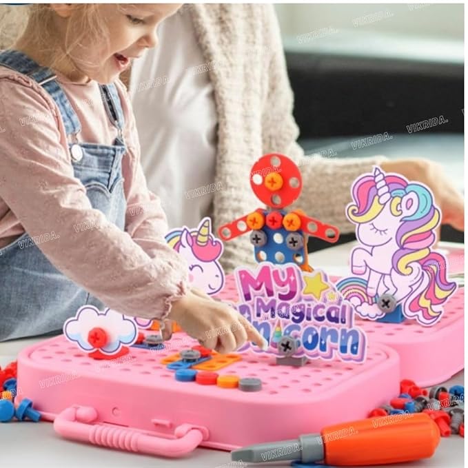 VikriDA Electric Drill Screw Tool Set Creative Mosaic Puzzle Toy, DIY 3D Creativity Educational Kit Construction Toy Building Block Toys for Kids, Girls and Boys (Unicorn)