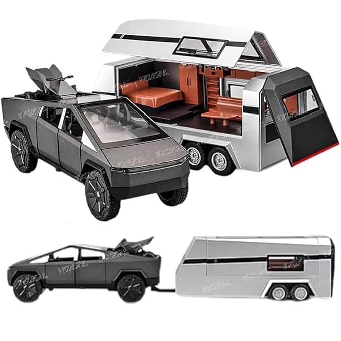 VikriDA 1/32 Pickup Trailer RV Model Kit, Off-Road Vehicle Alloy,Car Model Diecast Metal Toy,Truck Model Simulation Sound Light,Gifts for boy Girl (Black)