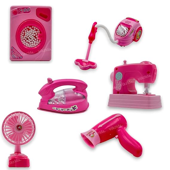 VikriDA Battery Operated Plastic Household Home Appliances Play Set Toys with Realistic Sound for Kids - Pink
