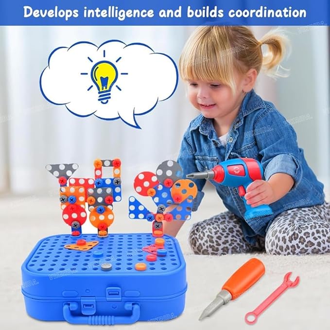 VikriDA Electric Drill Screw Tool Set Creative Mosaic Puzzle Toy, DIY 3D Creativity Educational Kit Construction Toy Building Block Toys for Kids, Girls and Boys - 228pcs (Space)