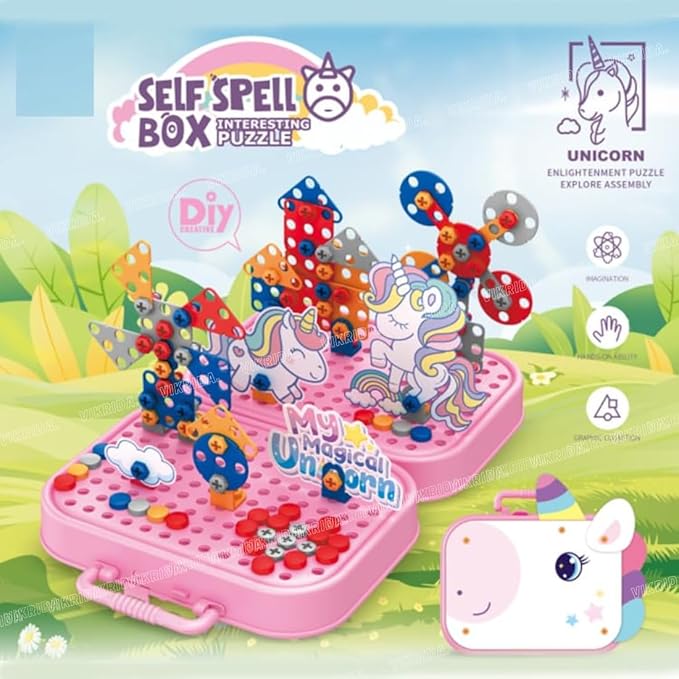 VikriDA Electric Drill Screw Tool Set Creative Mosaic Puzzle Toy, DIY 3D Creativity Educational Kit Construction Toy Building Block Toys for Kids, Girls and Boys (Unicorn)