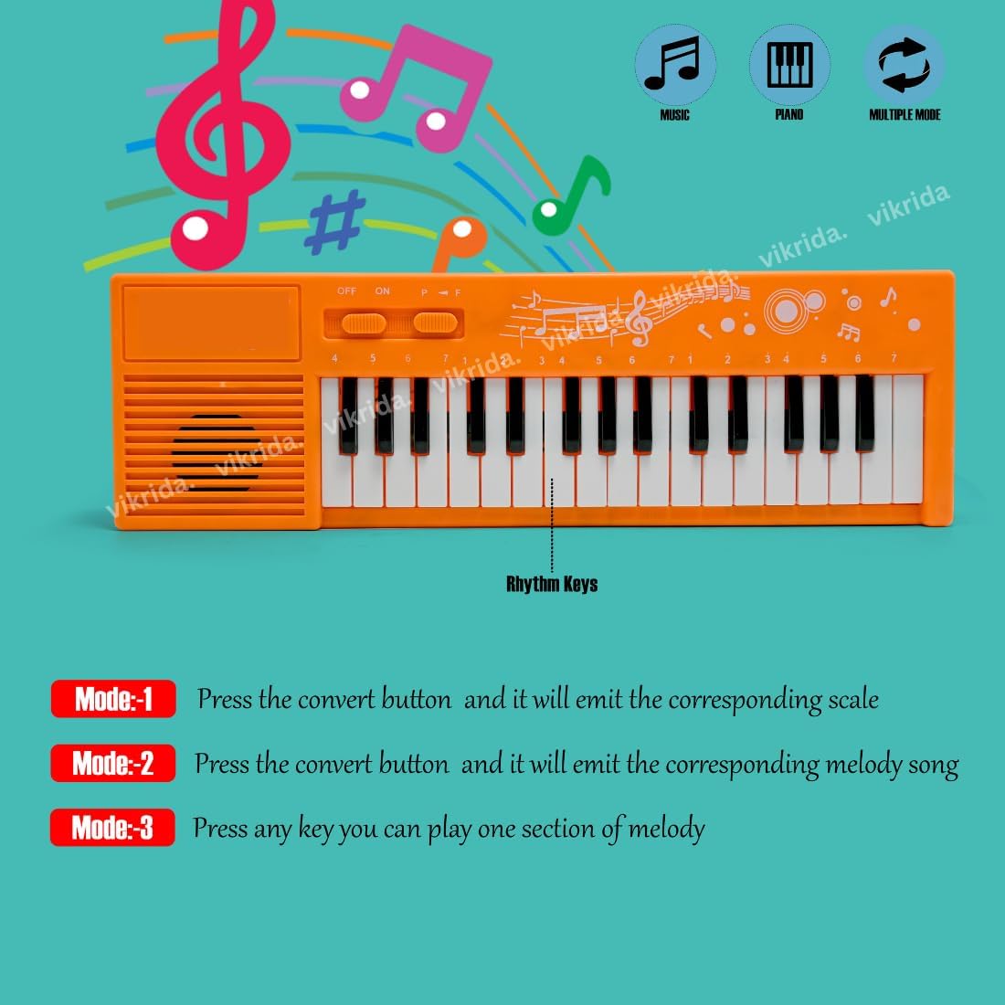VikriDA Multi-Function Portable Electronic 32 Keys & 32 Melody Sound Keyboard Piano Musical Toys for Babies and Kids | Small Size | Orange Colour