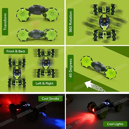 VikriDA Rc Stunt Car Double Sided Rotating Off Road 4Wd 2.4Ghz Twisting Vehicle with Light Mini Deformation Toy Cars for Kids (Green)