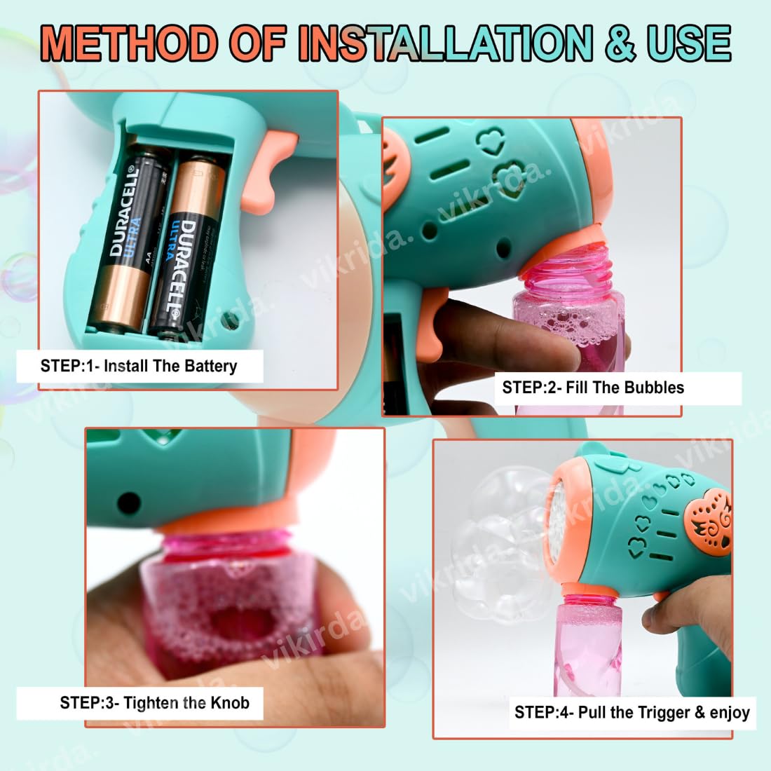 VikriDA Bubble Machine for Kids - Automatic Bubble Gun, Leak-Proof Design with 1 Bubble Solution