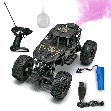 VikriDA Remote Control car with Mist Smoke Spray Function 1:18 Rock Crawler 2 WD High Speed Rechargeable Off-Road Monster Truck 45° Angle Climbing Car Toy for Kids - Black Color