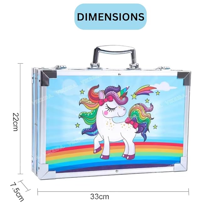 VikriDA Unicorn Big Coloring Suitcase - Art & Craft Painting Box - 145Pieces Color Kit (Water Color, Pastel Color, Sketches & Acrylic Paint Brush), Blue