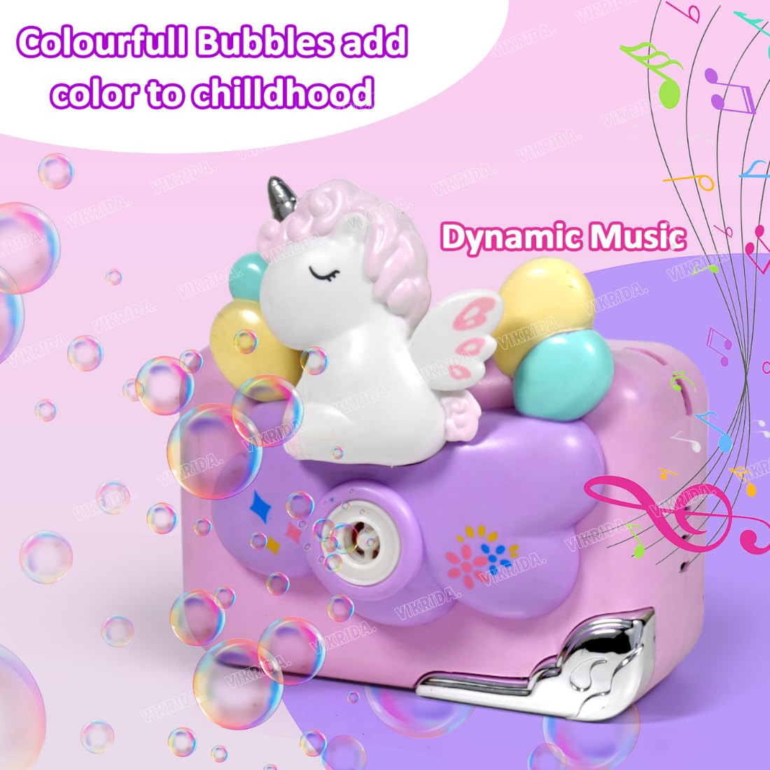 Vikrida Camera Bubble Machine for Kids - Camera Shaped Bubble Toy with Neck Strap and 1 bottle Solution - Small Bubble Machine for Kids with Sounds, Music, and Lights for Extra Fun for Kids - Unicorn