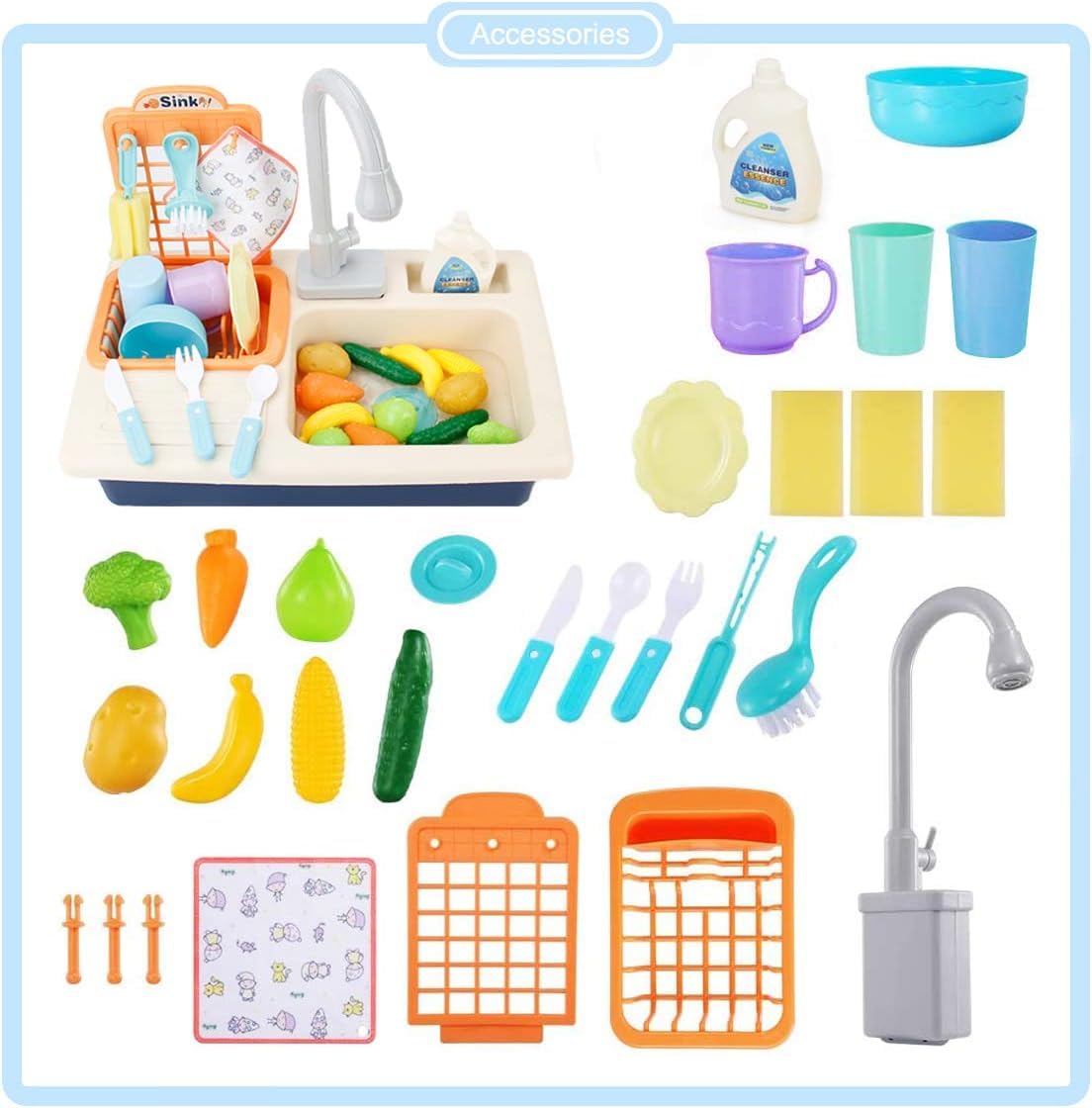 VikriDa Play Sink with Running Water, Kids Play Kitchen Toy Sink Electric Dishwasher