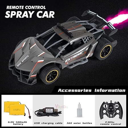 VikriDA Spray Runner RC car 1/12 Scale RC Car Toys 2.4 GHz Spray Racing Car with Rear Fog Stream LED Light and Sound - Multicolor
