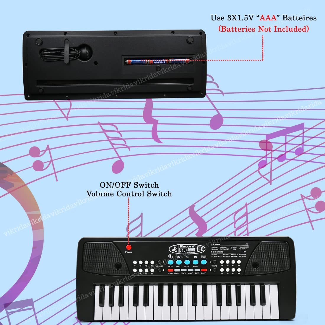 Vikrida Kids Keyboard Piano, 37 Keys Piano Keyboard with power option (37 keys and 8 tones, 8 rhythms 4 percussion) Black