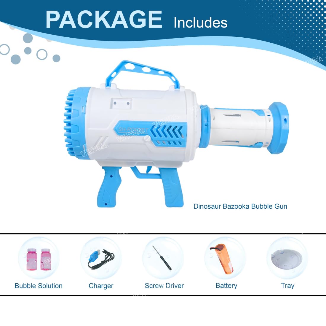 VikriDA Bazooka Bubble Gun - Upgraded 100 Holes Bubble Machine Gun, Rocket Bubble Gun with Light & Bubble Solutions, Bubble Blaster Maker for Kids, Wedding, Birthday Gift, Party Favors - Blue