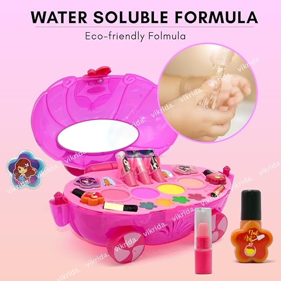 Vikrida Car Shape Cosmetics Makeup Kit | Pretend Play Toy Washable Non Toxic Deluxe Plastic Real Make up Set for Kids - Pink Color