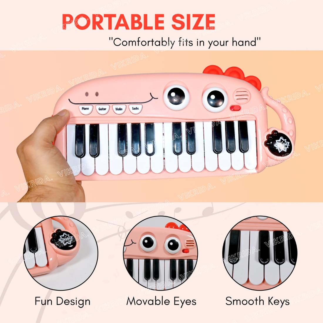 Vikrida 24 Key Mini Cartoon Piano Keyboard | Electronics Piano Keyboard Musical Toy - Pink Mini Dino Piano